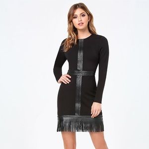 Bebe NWT Leather Fringe Black Dress